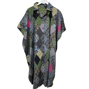 Patchwork Print Long Shirt O/S Green Kaftan Boho Artsy Cottagecore Prairie